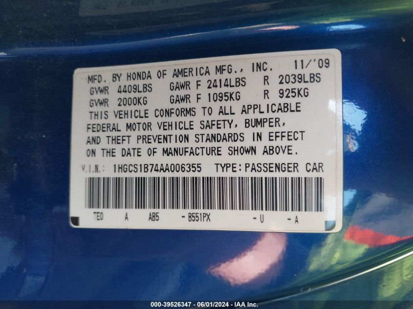 2010 Honda Accord 2.4 Ex VIN: 1HGCS1B74AA006355 Lot: 39526347