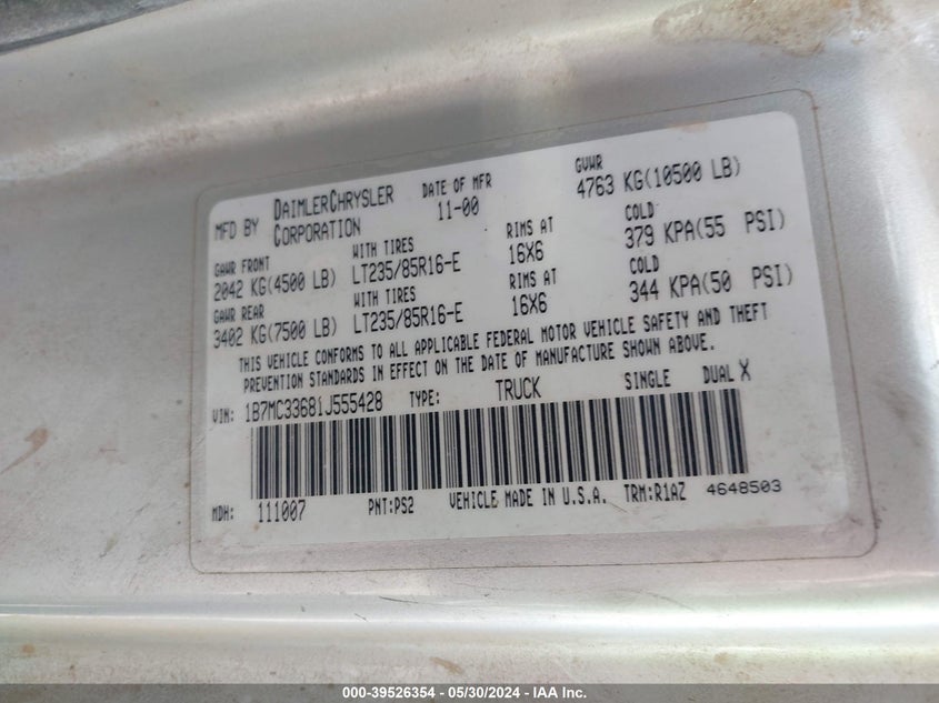 2001 Dodge Ram 3500 St VIN: 1B7MC33681J555428 Lot: 39526354