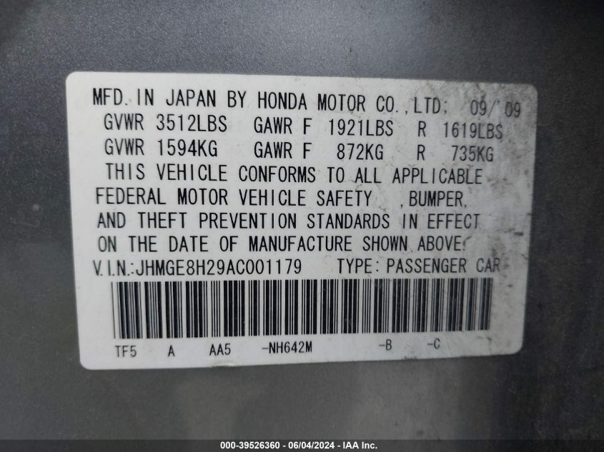 2010 Honda Fit VIN: JHMGE8H29AC001179 Lot: 39526360