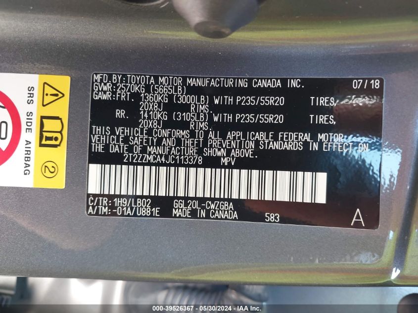 2018 Lexus Rx 350 VIN: 2T2ZZMCA4JC113378 Lot: 39526367