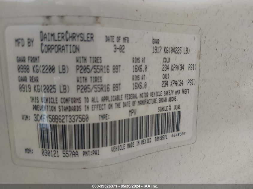 2002 Chrysler Pt Cruiser Touring VIN: 3C4FY58862T337560 Lot: 39526371