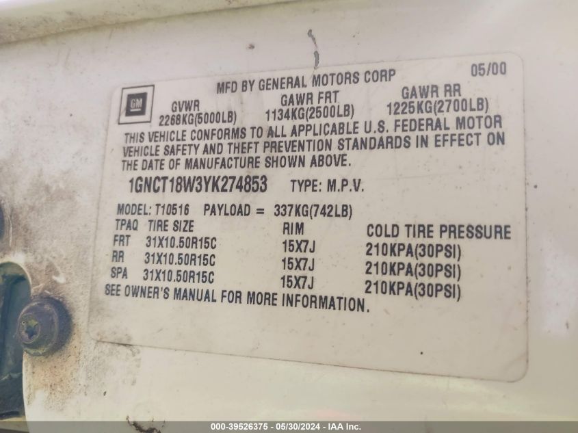 2000 Chevrolet Blazer Ls VIN: 1GNCT18W3YK274853 Lot: 39526375