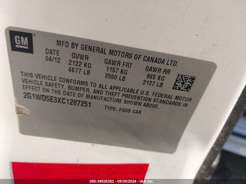2012 Chevrolet Impala Police VIN: 2G1WD5E3XC1287251 Lot: 39526382