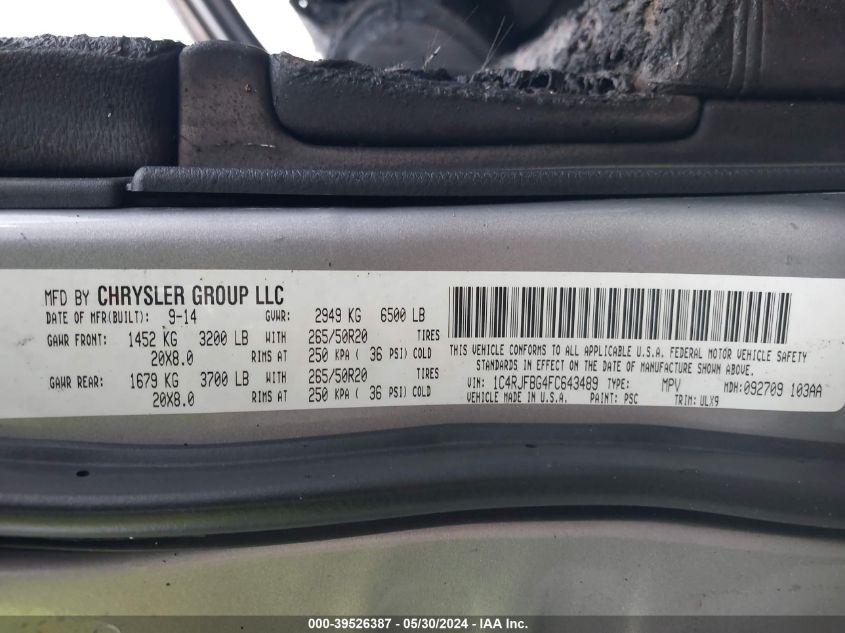 2015 Jeep Grand Cherokee Limited VIN: 1C4RJFBG4FC643489 Lot: 39526387