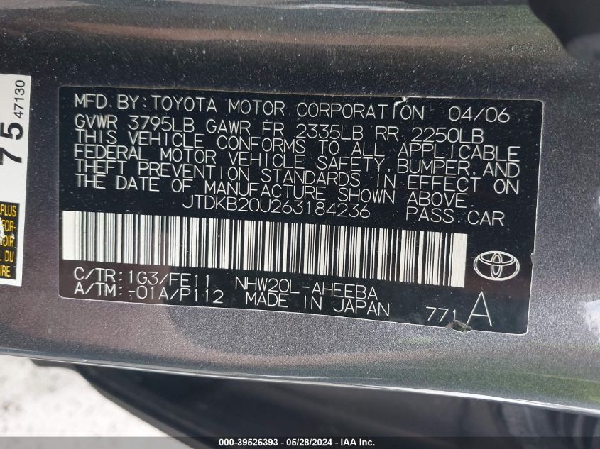 2006 Toyota Prius VIN: JTDKB20U263184236 Lot: 39526393