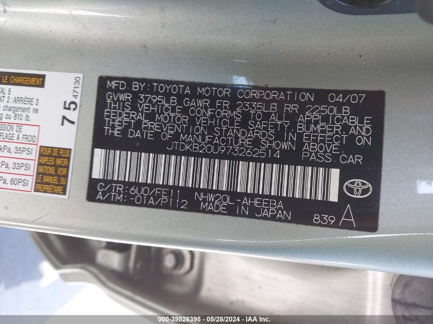 2007 Toyota Prius VIN: JTDKB20U973262514 Lot: 39526395