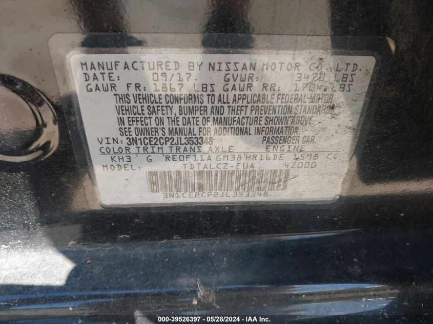 2018 Nissan Versa Note S VIN: 3N1CE2CP2JL353348 Lot: 39526397