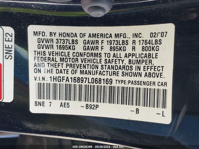 2007 Honda Civic Ex VIN: 1HGFA16897L068169 Lot: 39526399