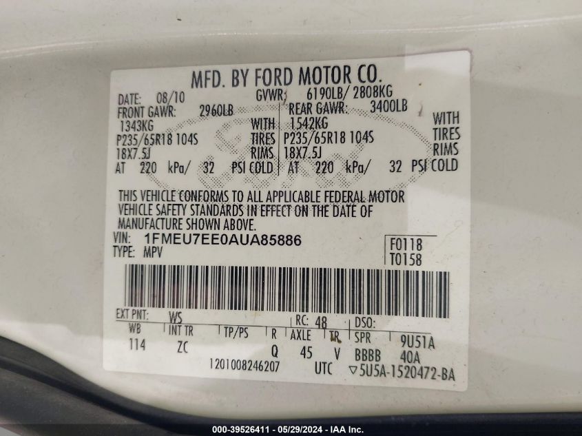 2010 Ford Explorer Eddie Bauer VIN: 1FMEU7EE0AUA85886 Lot: 39526411