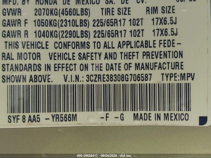 2008 Honda Cr-V Lx VIN: 3CZRE38308G706587 Lot: 39526417