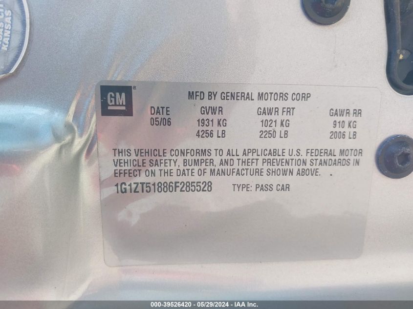 2006 Chevrolet Malibu Lt VIN: 1G1ZT51886F285528 Lot: 39526420