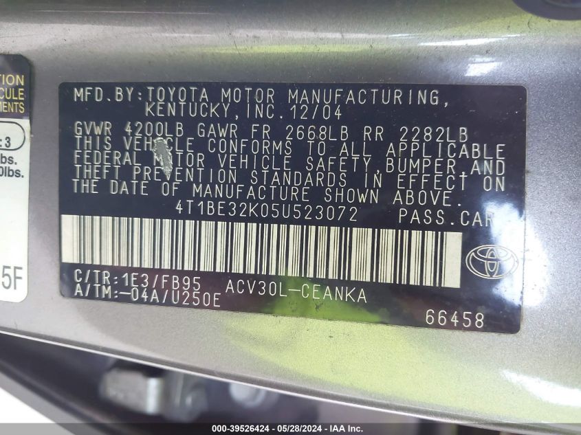 2005 Toyota Camry Le VIN: 4T1BE32K05U523072 Lot: 39526424