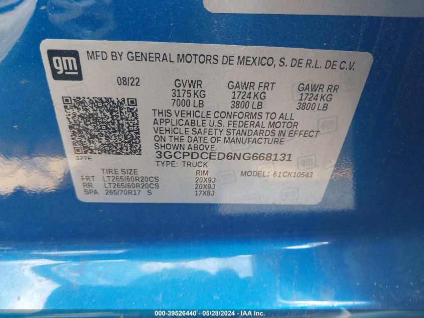 2022 Chevrolet Silverado 1500 4Wd Short Bed Custom Trail Boss VIN: 3GCPDCED6NG668131 Lot: 39526440