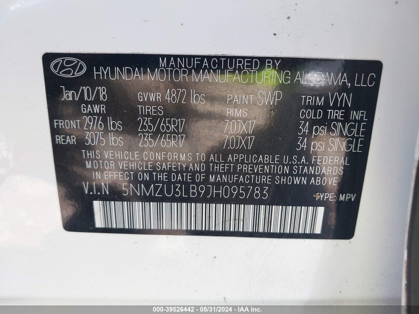 2018 Hyundai Santa Fe Sport 2.4L VIN: 5NMZU3LB9JH095783 Lot: 39526442