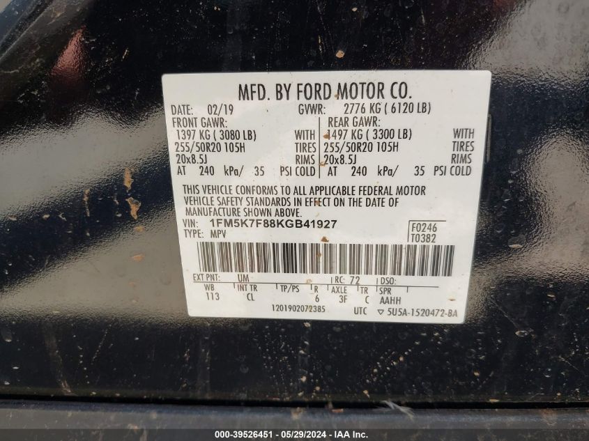 2019 Ford Explorer Limited VIN: 1FM5K7F88KGB41927 Lot: 39526451