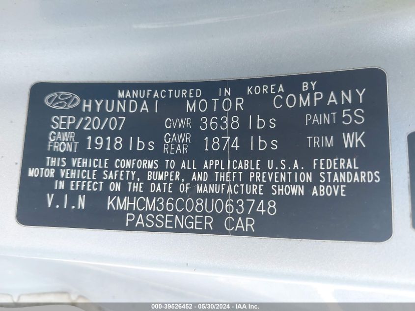2008 Hyundai Accent Gs VIN: KMHCM36C08U063748 Lot: 39526452