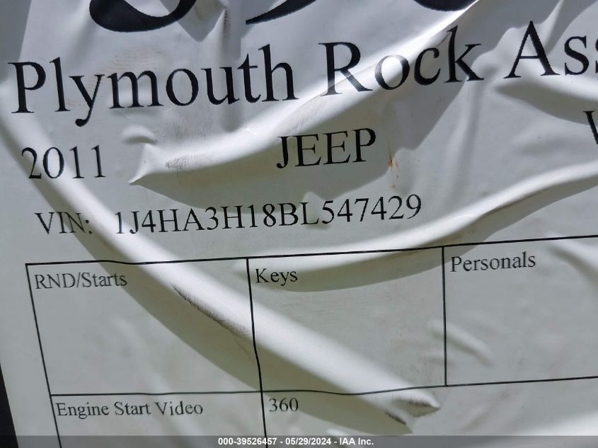 2011 Jeep Wrangler Unlimited Sport VIN: 1J4HA3H18BL547429 Lot: 39526457