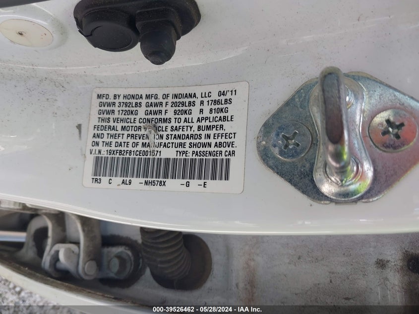 2012 Honda Civic Ex VIN: 19XFB2F81CE001571 Lot: 39526462