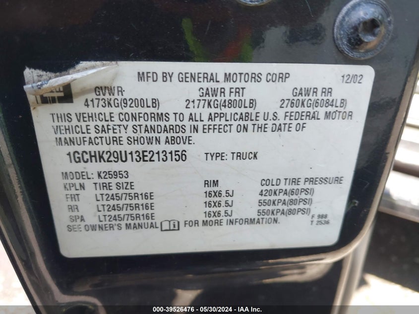 2003 Chevrolet Silverado 2500Hd Ls VIN: 1GCHK29U13E213156 Lot: 39526476