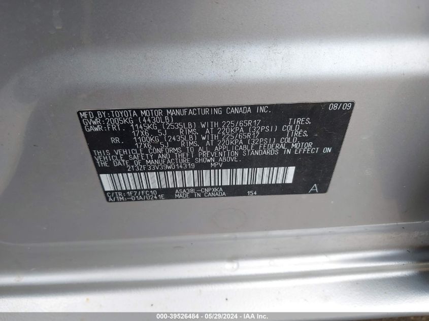 2009 Toyota Rav4 VIN: 2T3ZF33V39W014319 Lot: 39526484