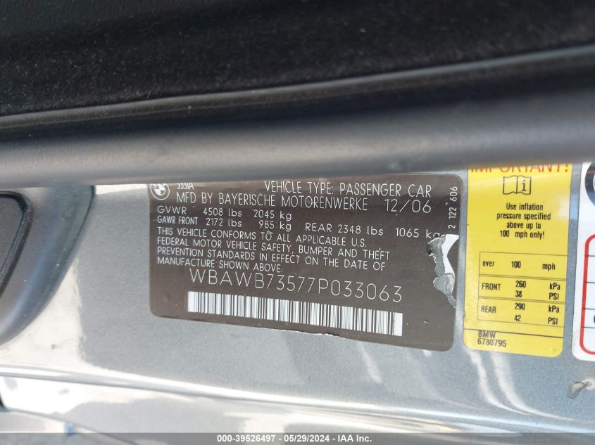 2007 BMW 335I VIN: WBAWB73577P033063 Lot: 39526497