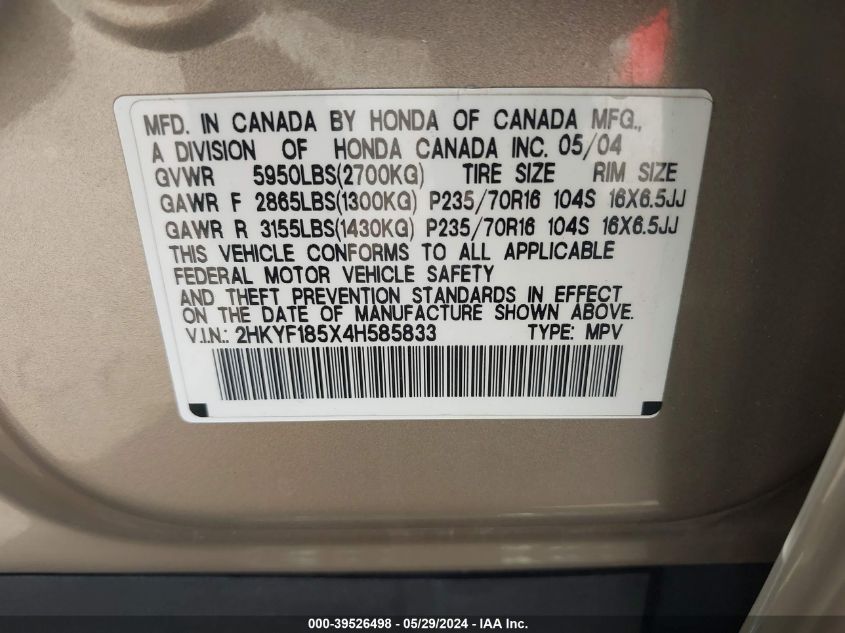2004 Honda Pilot Ex-L VIN: 2HKYF185X4H585833 Lot: 39526498