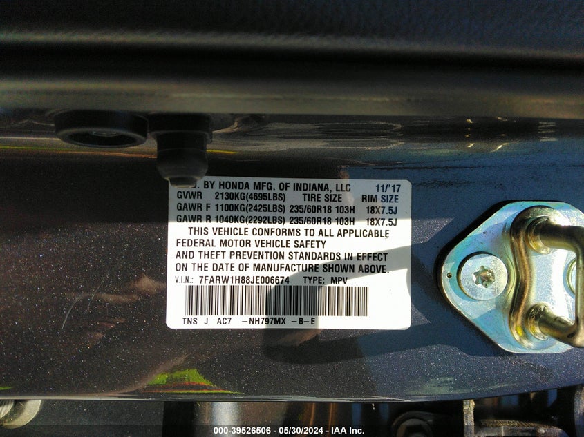 2018 HONDA CR-V EXL - 7FARW1H88JE006674