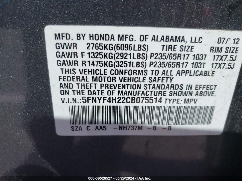 2012 Honda Pilot Lx VIN: 5FNYF4H22CB075514 Lot: 39526527