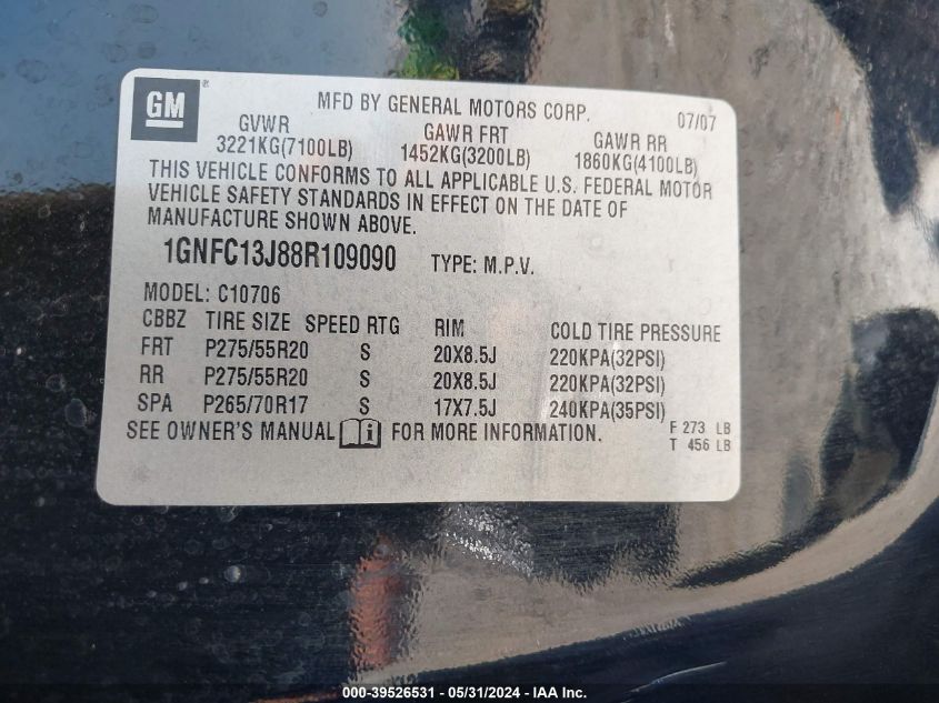 2008 Chevrolet Tahoe C1500 VIN: 1GNFC13J88R109090 Lot: 39526531