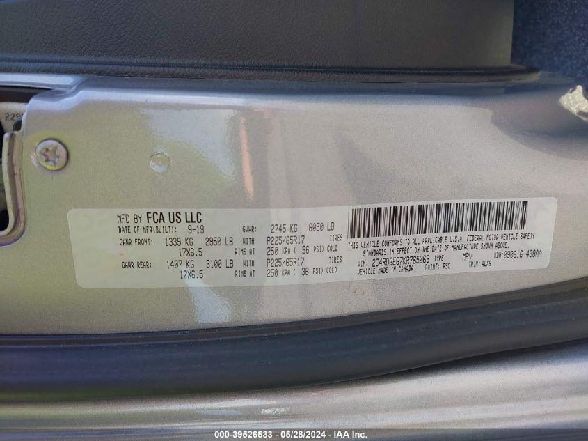 2019 Dodge Grand Caravan Gt VIN: 2C4RDGEG7KR765063 Lot: 39526533