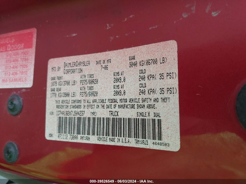 2007 Dodge Ram 1500 Slt VIN: 1D7HA182X7J504237 Lot: 39526549