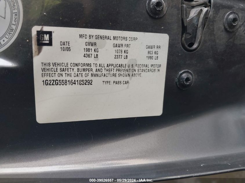 2006 Pontiac G6 VIN: 1G2ZG558164185292 Lot: 39526557