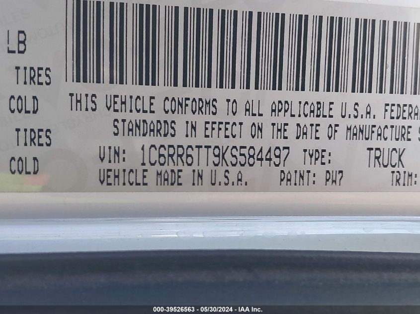 2019 Ram 1500 Classic Big Horn 4X2 6'4 Box VIN: 1C6RR6TT9KS584497 Lot: 39526563