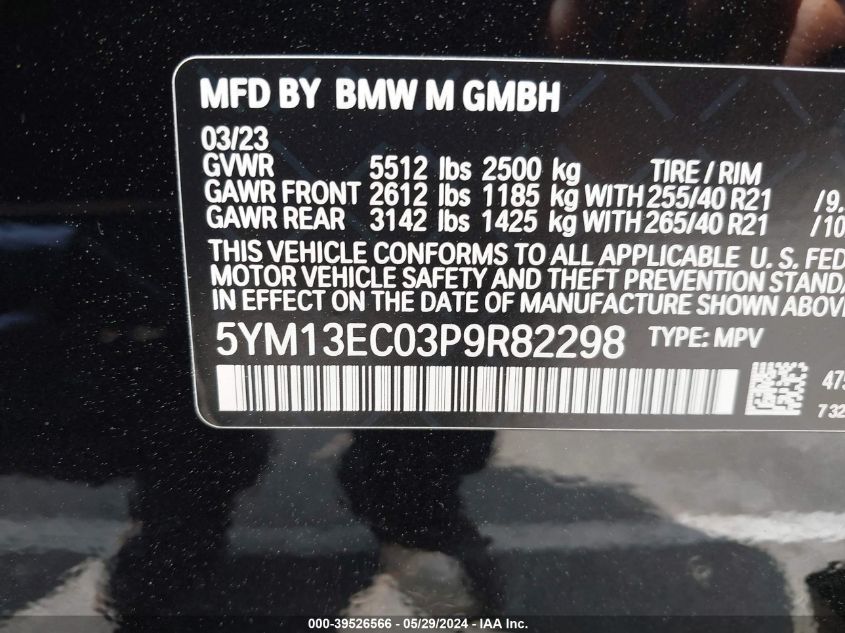 2023 BMW X3 M VIN: 5YM13EC03P9R82298 Lot: 39526566