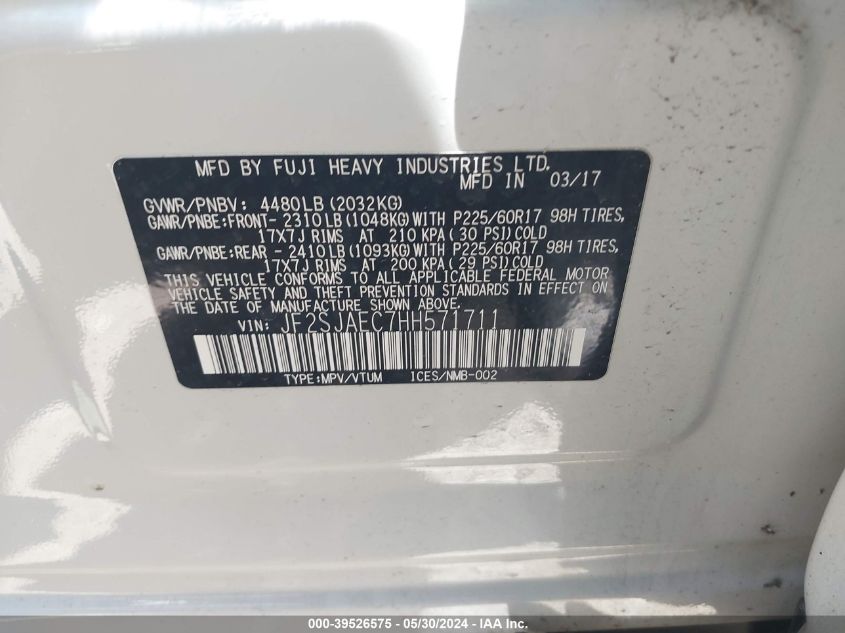 2017 Subaru Forester 2.5I Premium VIN: JF2SJAEC7HH571711 Lot: 39526575