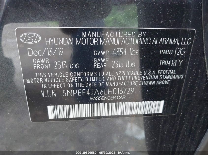 2020 Hyundai Sonata Sel VIN: 5NPEF4JA6LH016729 Lot: 39526580