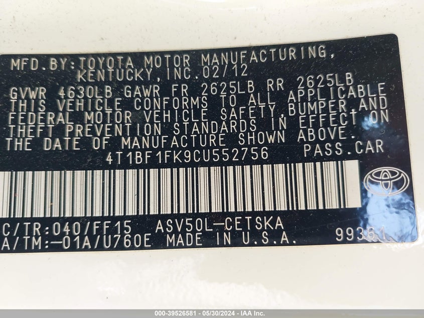 2012 Toyota Camry Se VIN: 4T1BF1FK9CU552756 Lot: 39526581