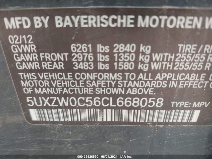 2012 BMW X5 xDrive35D VIN: 5UXZW0C56CL668058 Lot: 39526590