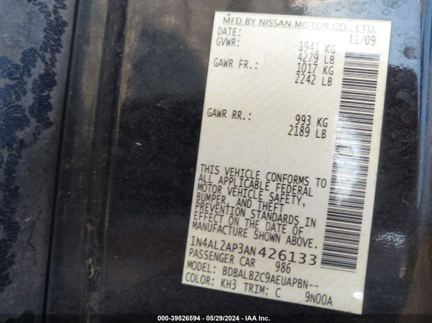 2010 Nissan Altima 2.5 S VIN: 1N4AL2AP3AN426133 Lot: 39526594