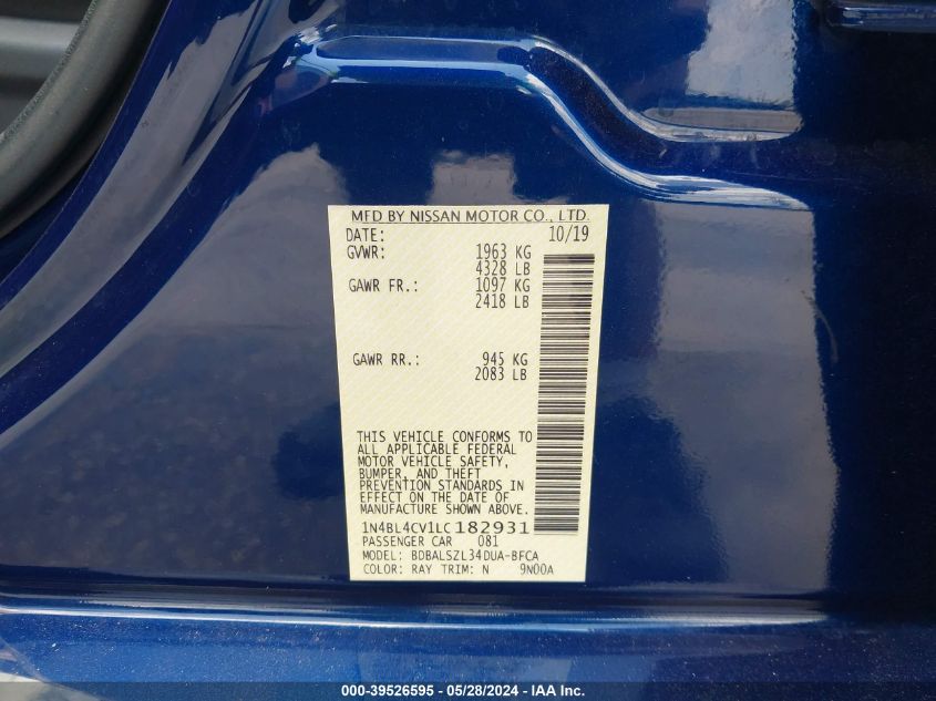 2020 Nissan Altima Sr Fwd VIN: 1N4BL4CV1LC182931 Lot: 39526595