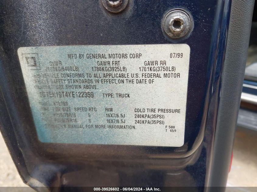 2000 GMC Sierra 1500 Sle VIN: 1GTEK19T4YE122359 Lot: 39526602