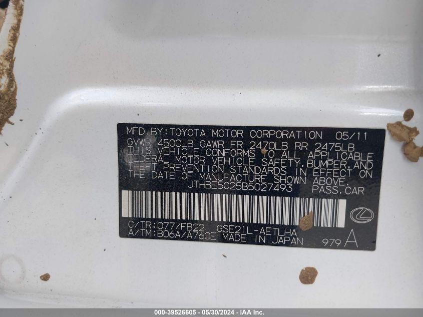 2011 Lexus Is 350 VIN: JTHBE5C25B5027493 Lot: 39526605