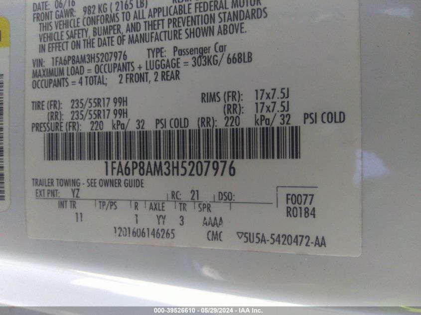 2017 Ford Mustang V6 VIN: 1FA6P8AM3H5207976 Lot: 39526610