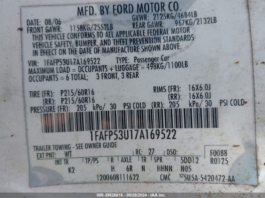 2007 Ford Taurus Se VIN: 1FAFP53U17A169522 Lot: 39526616