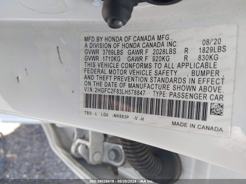 2020 Honda Civic Sport VIN: 2HGFC2F83LH578847 Lot: 39526618