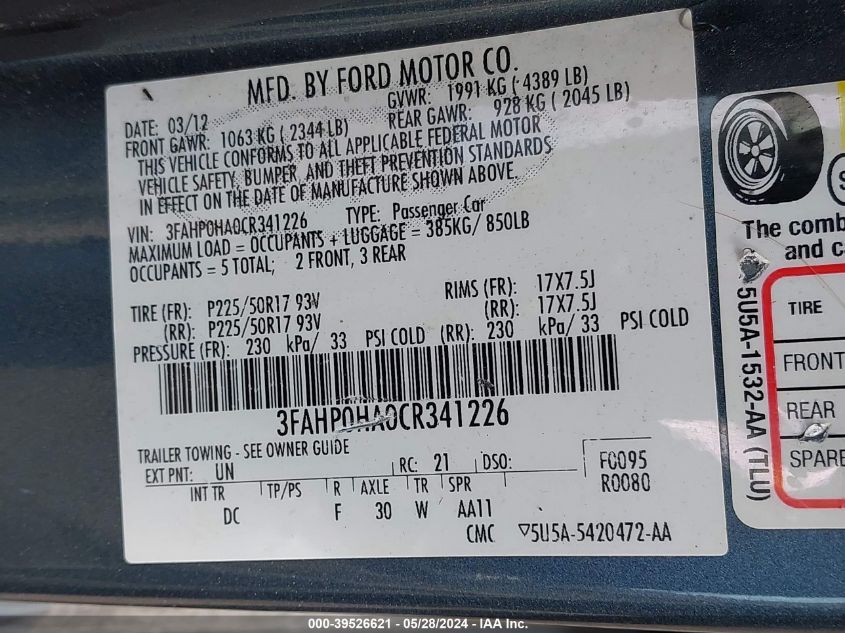 2012 Ford Fusion Se VIN: 3FAHP0HA0CR341226 Lot: 39526621