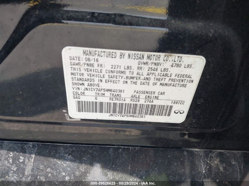 2017 Infiniti Q50 2.0T Premium VIN: JN1CV7AP5HM640361 Lot: 39526623