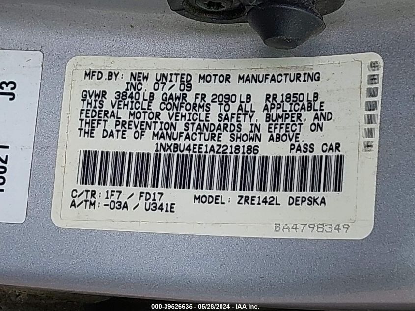 2010 Toyota Corolla S VIN: 1NXBU4EE1AZ218186 Lot: 39526635