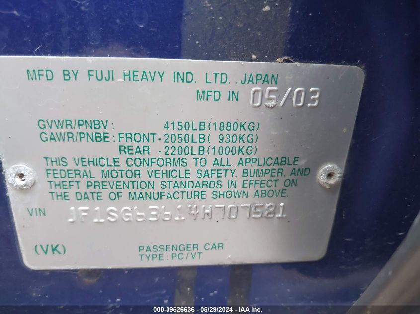 2004 Subaru Forester 2.5X VIN: JF1SG63614H707581 Lot: 39526636