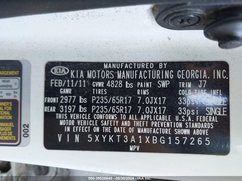 2011 Kia Sorento Lx VIN: 5XYKT3A1XBG157265 Lot: 39526640